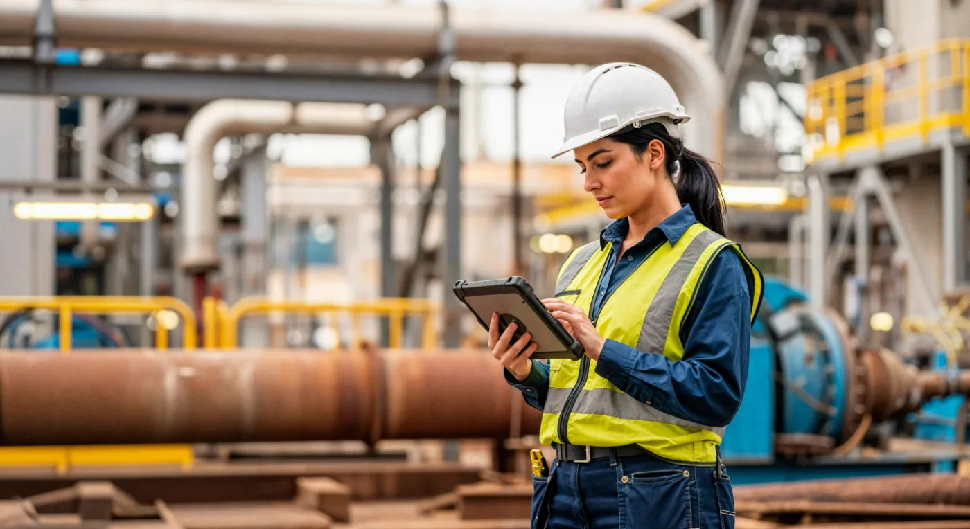 Ingeniera revisando tablet en planta